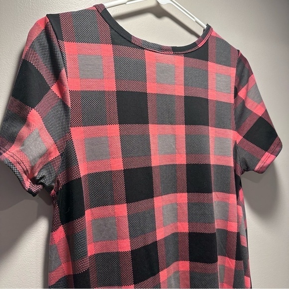 LulaRoe Carly Swing Dress Patch Pocket High Low Hemline Plaid Pink Grey Checked - Picture 9 of 11